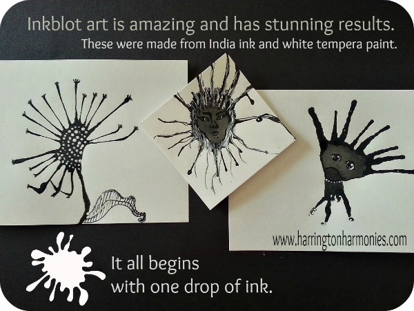 It all begins with one drop of ink. Inkblot art to cpmplement end of year black and white art party. | Harrington Harmonies