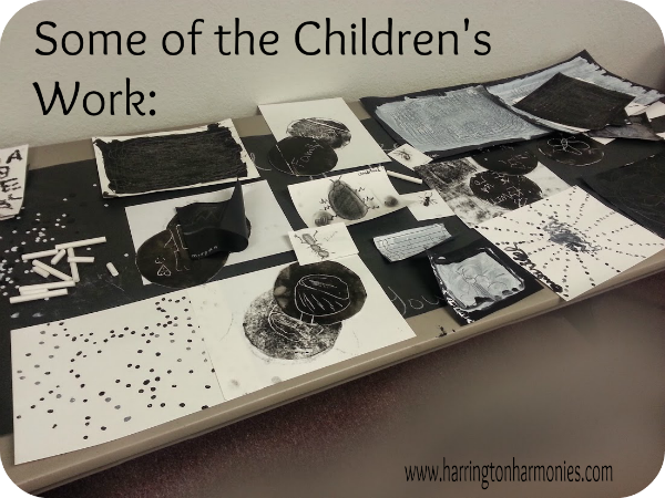 As the children went from center to center, we laid their work out on the table to dry.  | Harrington Harmonies