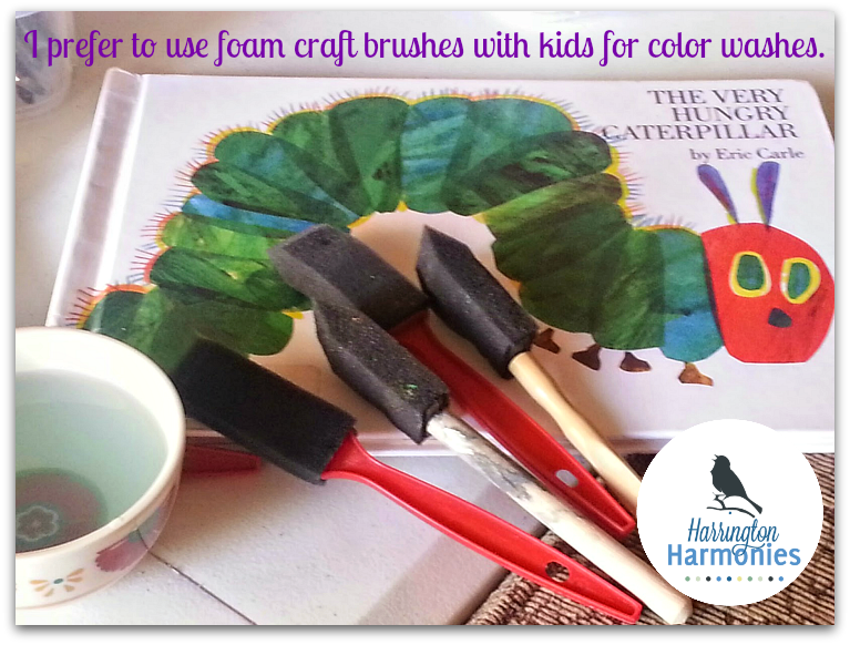 Be sure they use a large brush or sponge to "wash" the color on the paper. I like using these sponge brushes with kids for color washes.